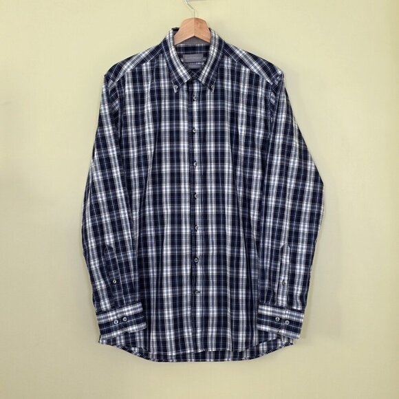 Sondergaard Casual Shirt Men 16 Blue White Plaid LS Buttons Collar Fitted Cotton - Picture 15 of 16